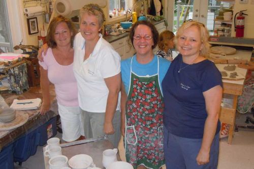 Lindy Baxter, Sharon Matthews, Louise Cassidy and Tracy Bamford at Water's Edge Pottery studio near Parham
